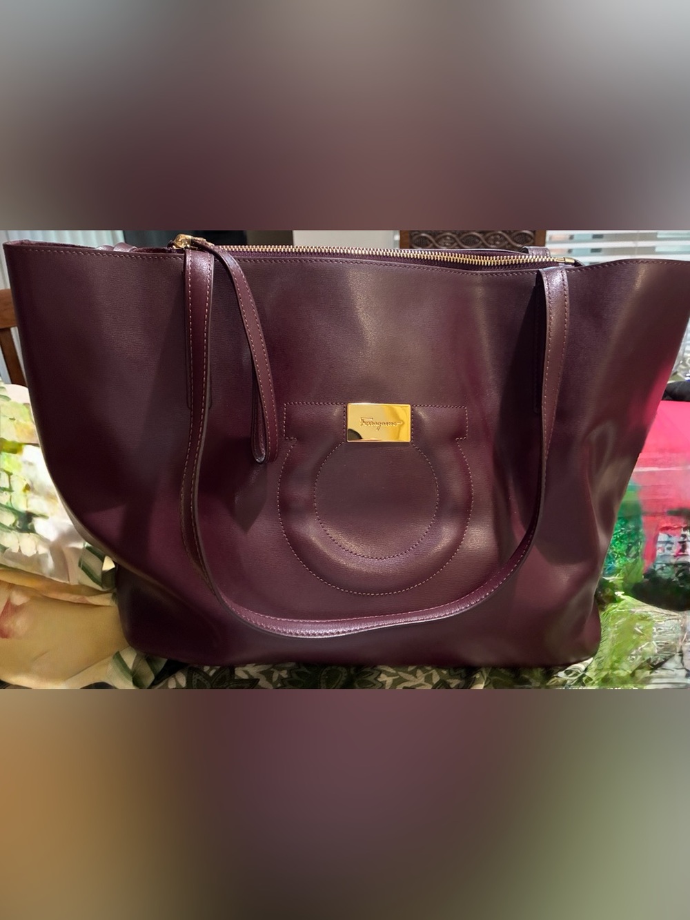 Ferragamo Gancini Tote Plum/Burgandy w/Gold Hardware. New, estate find. Stunning